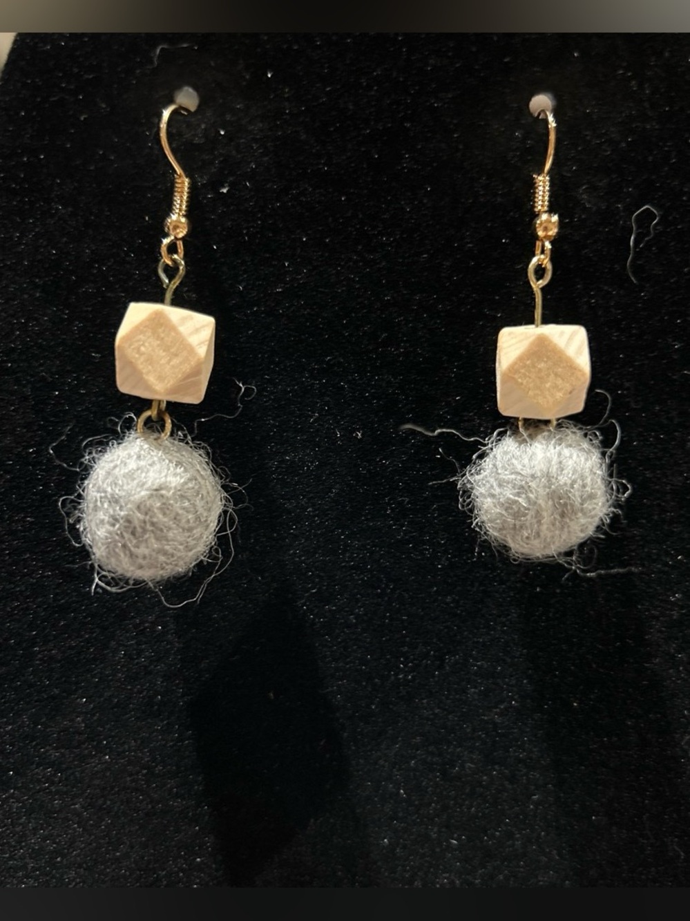 Dangle Gray Wool Ball Drop Earrings